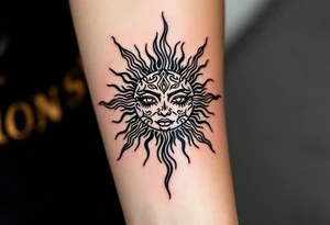 Word "phuong" written with sun inner arm tattoo idea