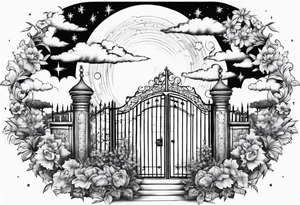 heaven town with gate
 in circle vignette surrounded by clouds flowers stars tattoo idea