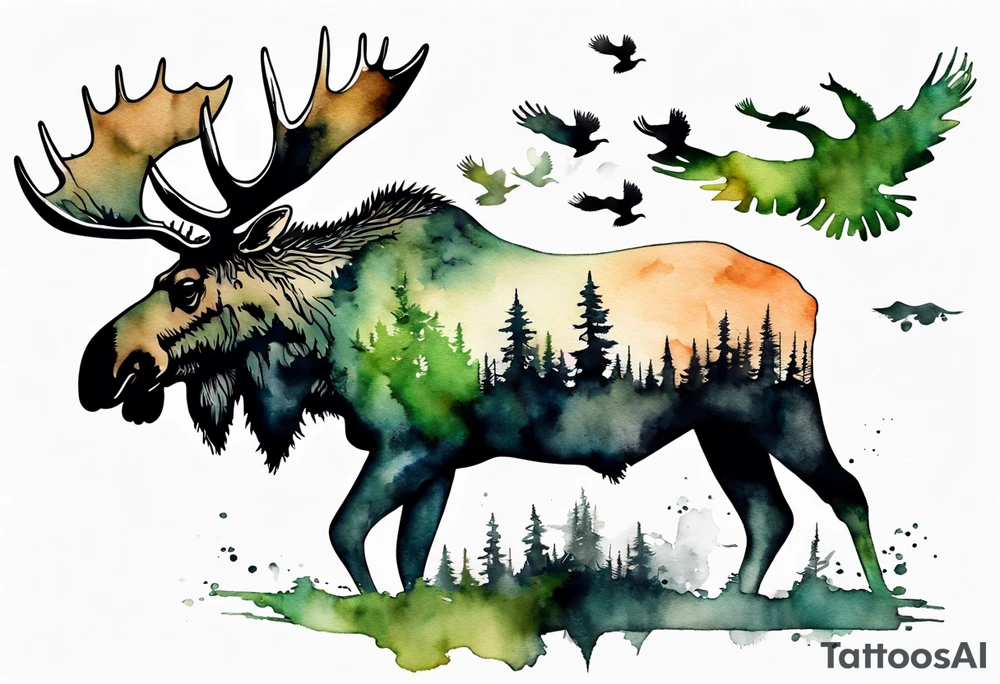 a giant moose covered in moss, shadow birds flying overhead, perched on moose tattoo idea