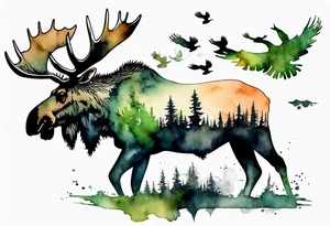 a giant moose covered in moss, shadow birds flying overhead, perched on moose tattoo idea