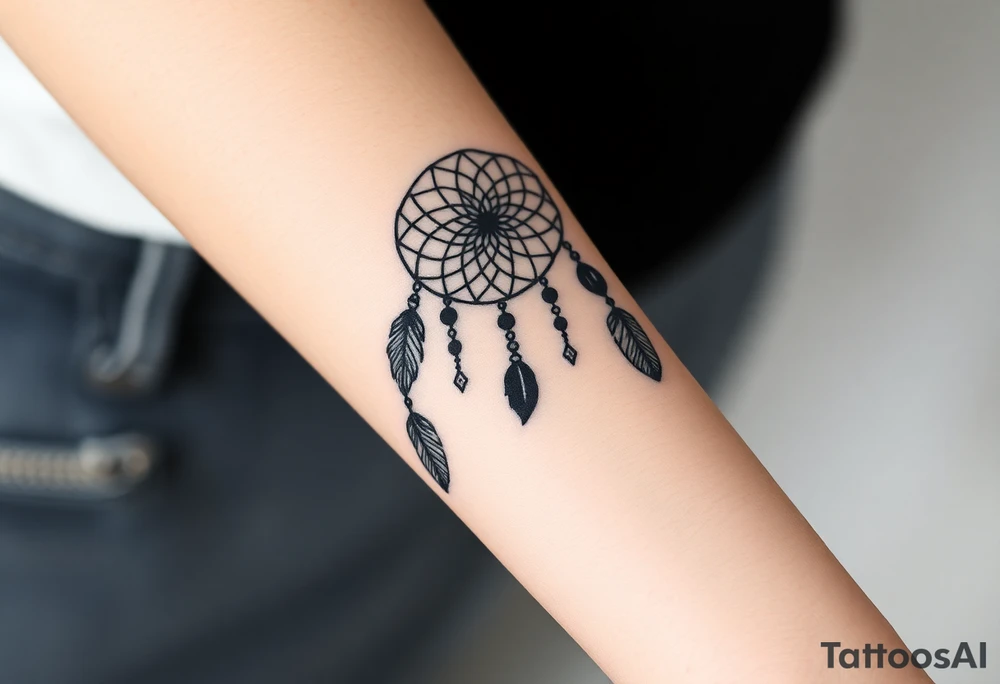 native dreamcatcher with flowing feathers and sacred beads tattoo idea