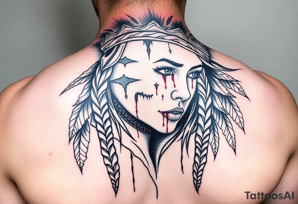 Beautiful Woman with battle scars and blood on face wearing bear headdress tattoo idea