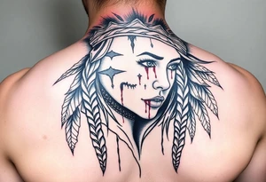 Beautiful Woman with battle scars and blood on face wearing bear headdress tattoo idea