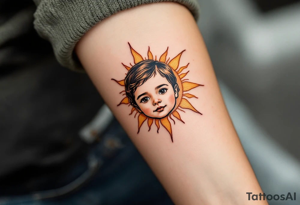 A stylized sun with the son’s toddler face subtly etched in gold and burnt orange rays. tattoo idea