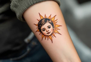 A stylized sun with the son’s toddler face subtly etched in gold and burnt orange rays. tattoo idea