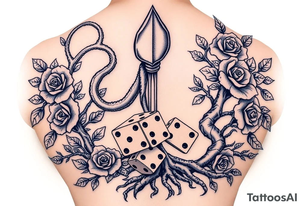 squid, knight intertwined with roses and tree roots rolling dice tattoo idea