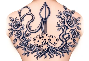 squid, knight intertwined with roses and tree roots rolling dice tattoo idea