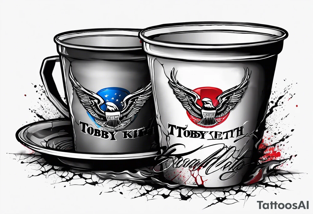 A cracked solo cup with “Toby Keith” written in Sharpie ink at the top tattoo idea