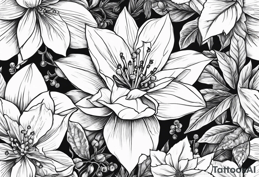 Narcissus, Poinsettia, Holly, floral bouquet tattoo idea