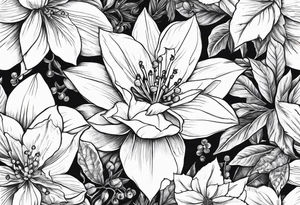 Narcissus, Poinsettia, Holly, floral bouquet tattoo idea