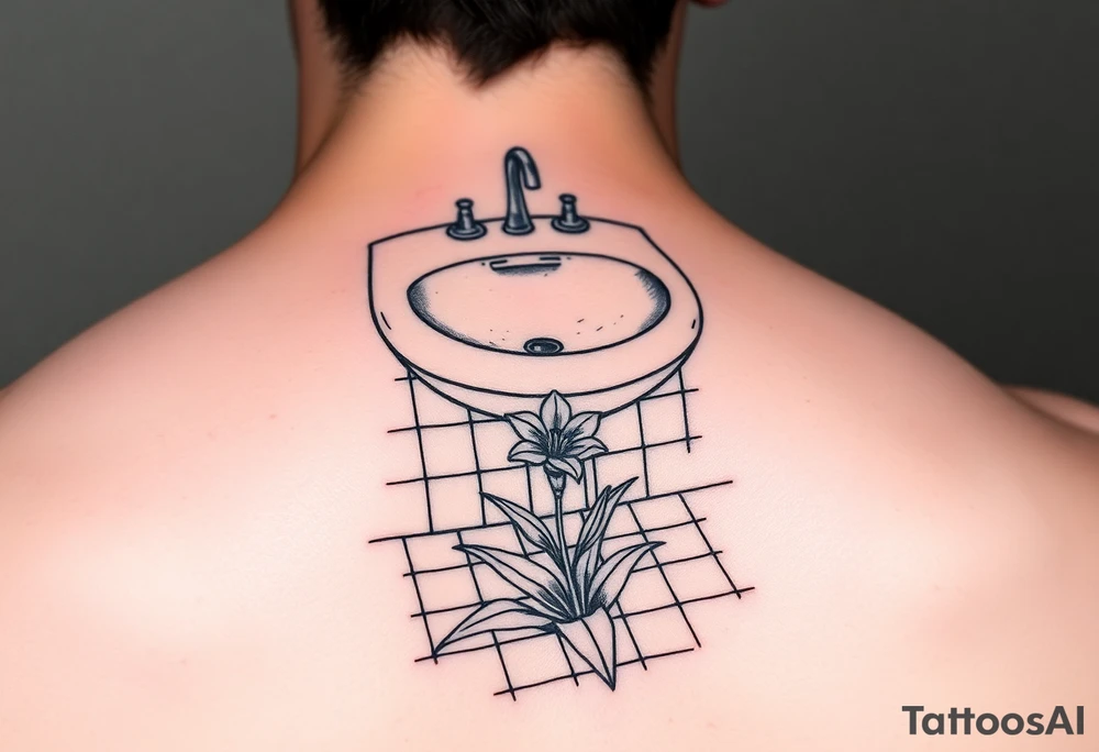 bathroom sink on tile floor with lily coming up out of the floor tattoo idea