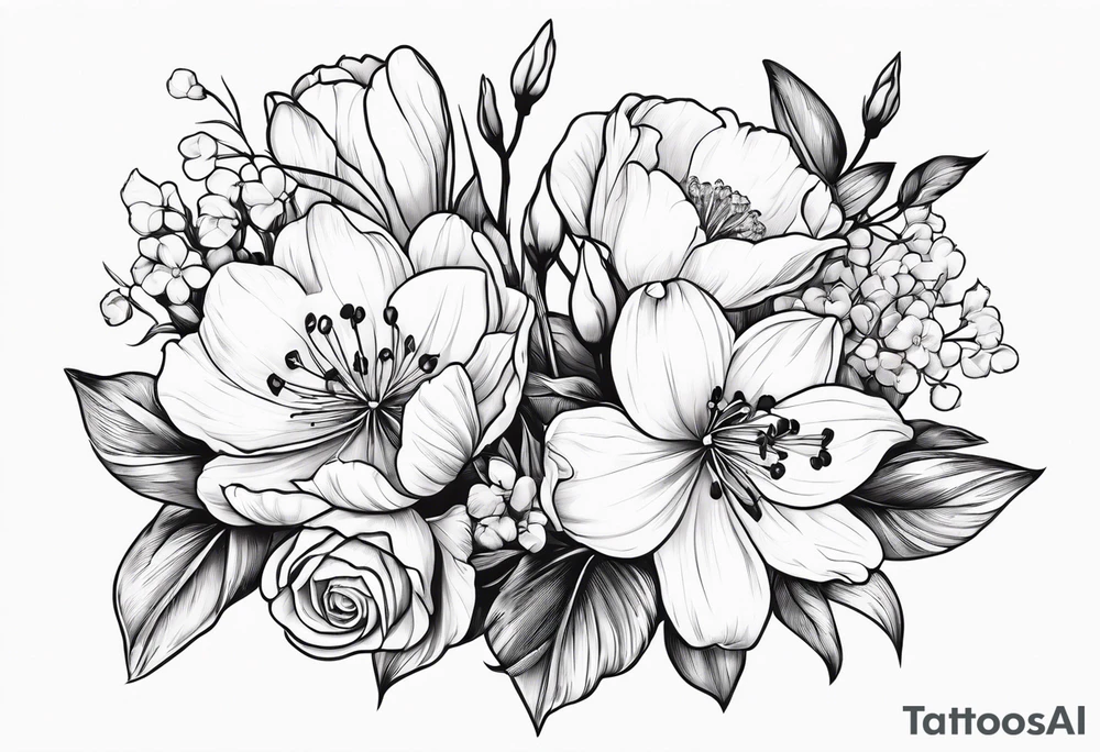 Bouquet
with 1 snowdrop flower 2 carnations 1 rose 1 lily of the valley 1 daffodil 1 peony tattoo idea
