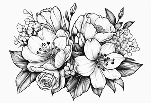 Bouquet 
with 1 snowdrop flower 2 carnations 1 rose 1 lily of the valley 1 daffodil 1 peony tattoo idea