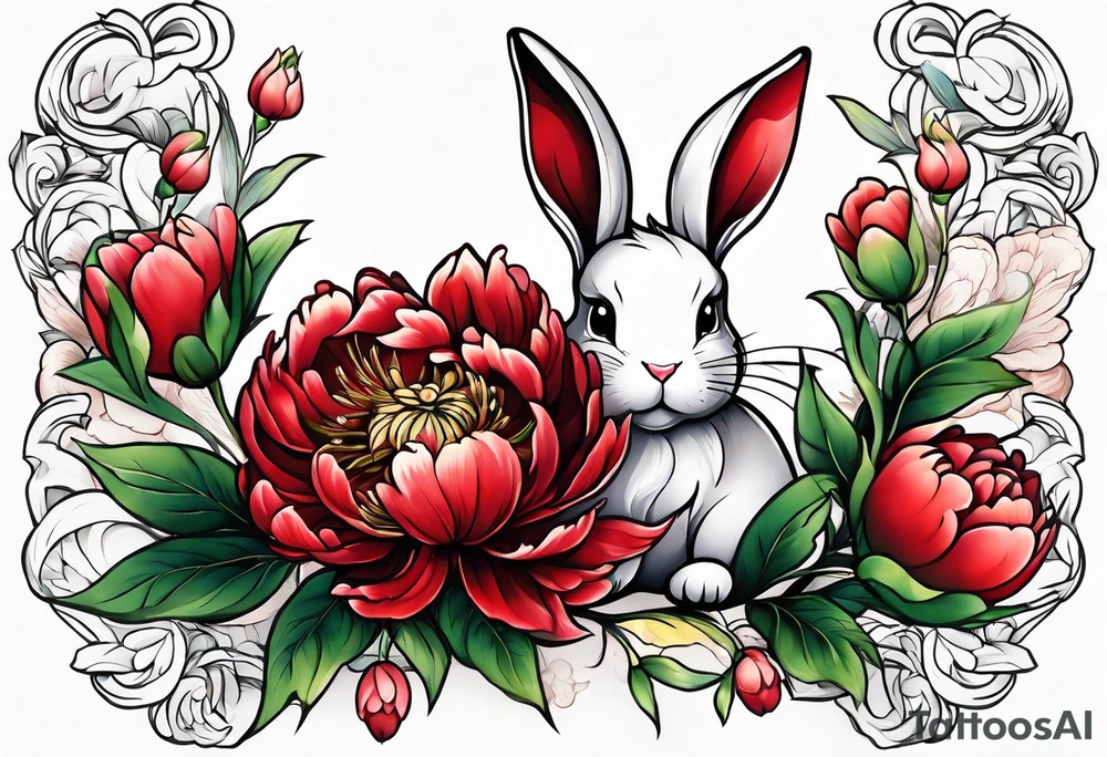 Red peony with small cute rabbit tattoo idea