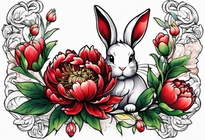 Red peony with small cute rabbit tattoo idea