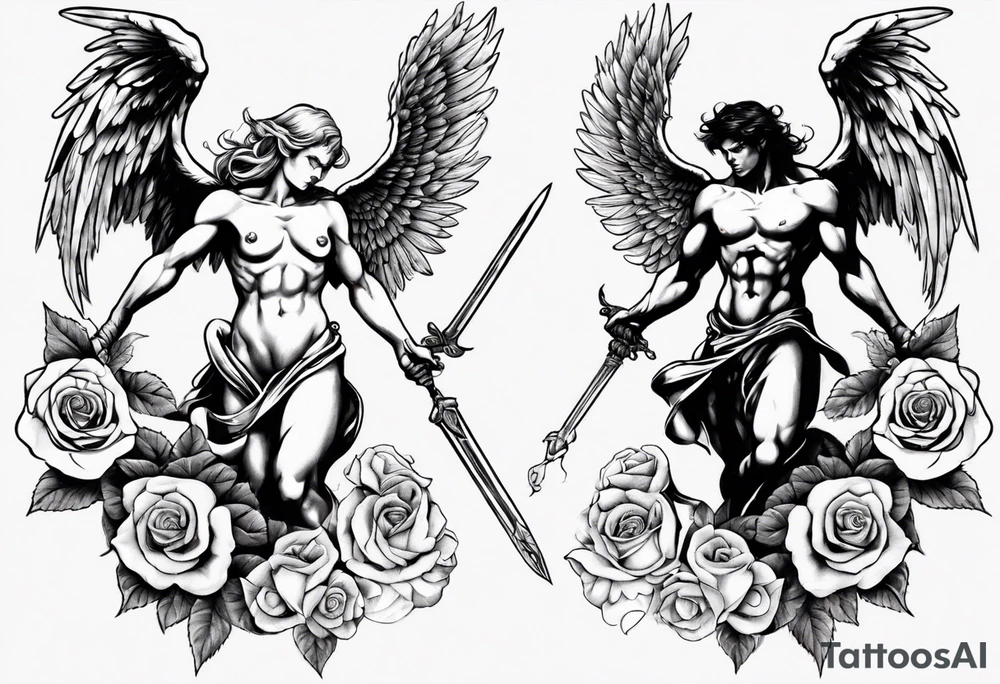 Archangel fighting a demon with roses tattoo idea