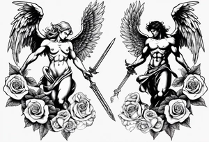 Archangel fighting a demon with roses tattoo idea