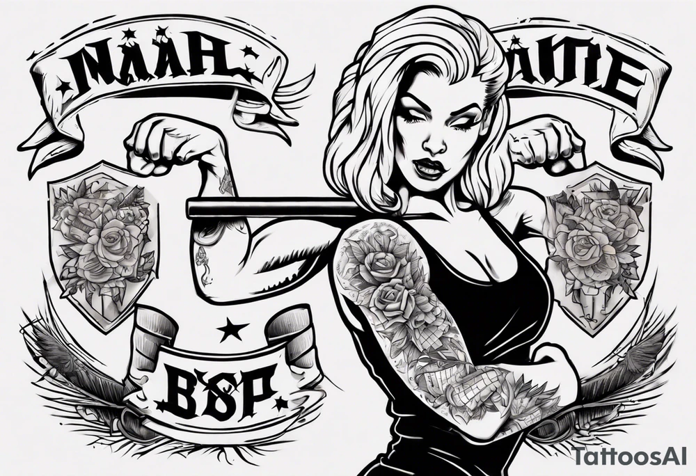 Blonde tattooed woman flexing one bicep with a banner tattoo idea