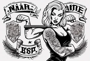 Blonde tattooed woman flexing one bicep with a banner tattoo idea
