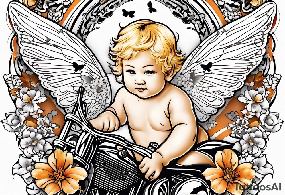 white, blonde cherub with harley davidson logo wings with butterflies tattoo idea