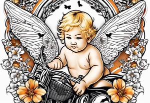 white, blonde cherub with harley davidson logo wings with butterflies tattoo idea