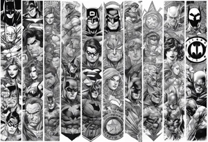 Full arm sleeve tattoo extending from shoulder to wrist featuring an assemble of only the emblems of DC comic heroes and villians.  Do not include the faces, only the emblems. tattoo idea
