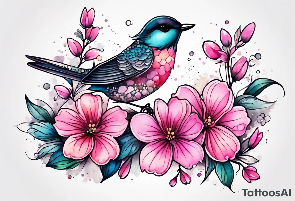 Small Pink flowers with decorative dott pattern, a bird and libra tattoo idea