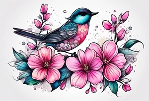 Small Pink flowers with decorative dott pattern, a bird and libra tattoo idea