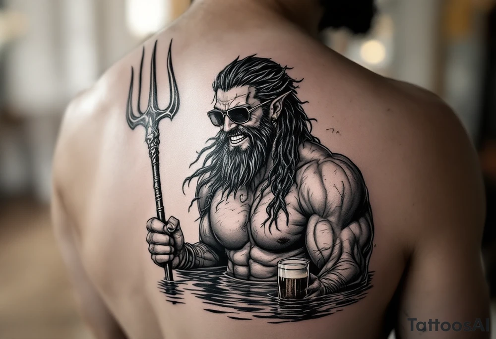 smiling, fit poseidon, with a trident, in calm water, holding a beer, with sunglasses tattoo idea