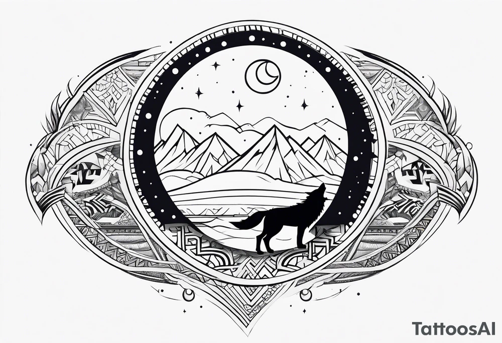 Forearm futuristic tribal theme design with moon and wolves and arabic words tattoo idea