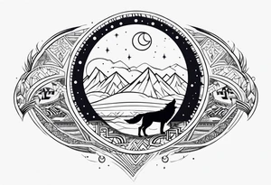 Forearm futuristic tribal theme design with moon and wolves and arabic words tattoo idea