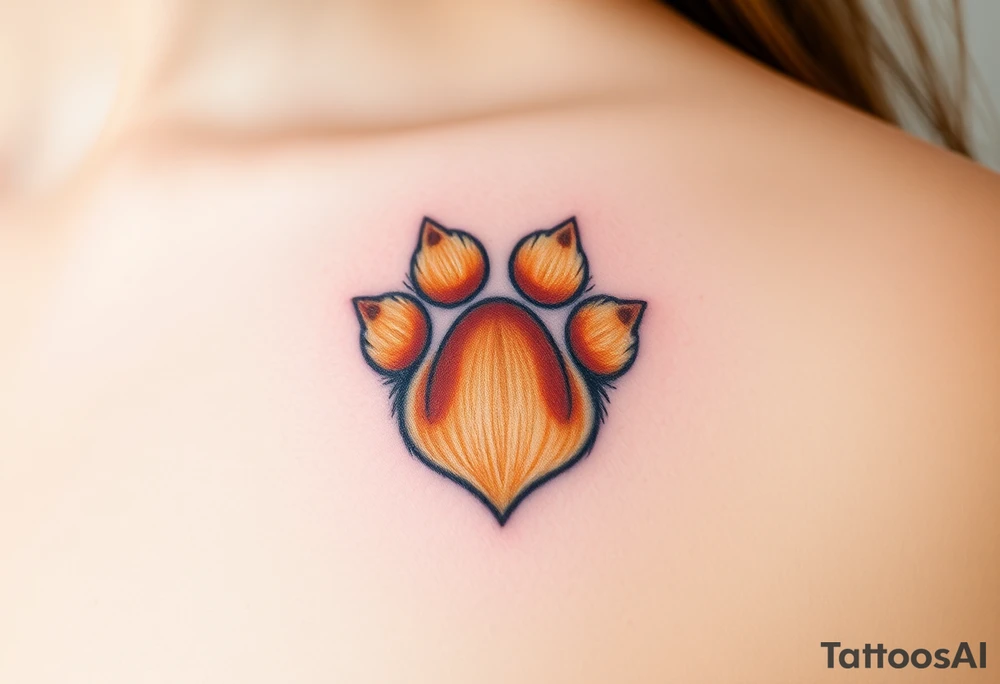 dog paw with fine fur details and warm shades of golden brown, caramel, and soft beige for a lifelike effect shaping heart tattoo idea