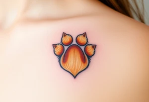 dog paw with fine fur details and warm shades of golden brown, caramel, and soft beige for a lifelike effect shaping heart tattoo idea