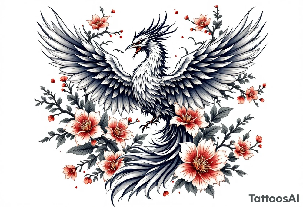 powerful japanese phoenix surrounded by maple leaf and cherry blossom tattoo idea