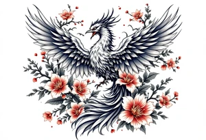 powerful japanese phoenix surrounded by maple leaf and cherry blossom tattoo idea