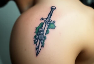 Pirate sword with moss and gold coins tattoo idea