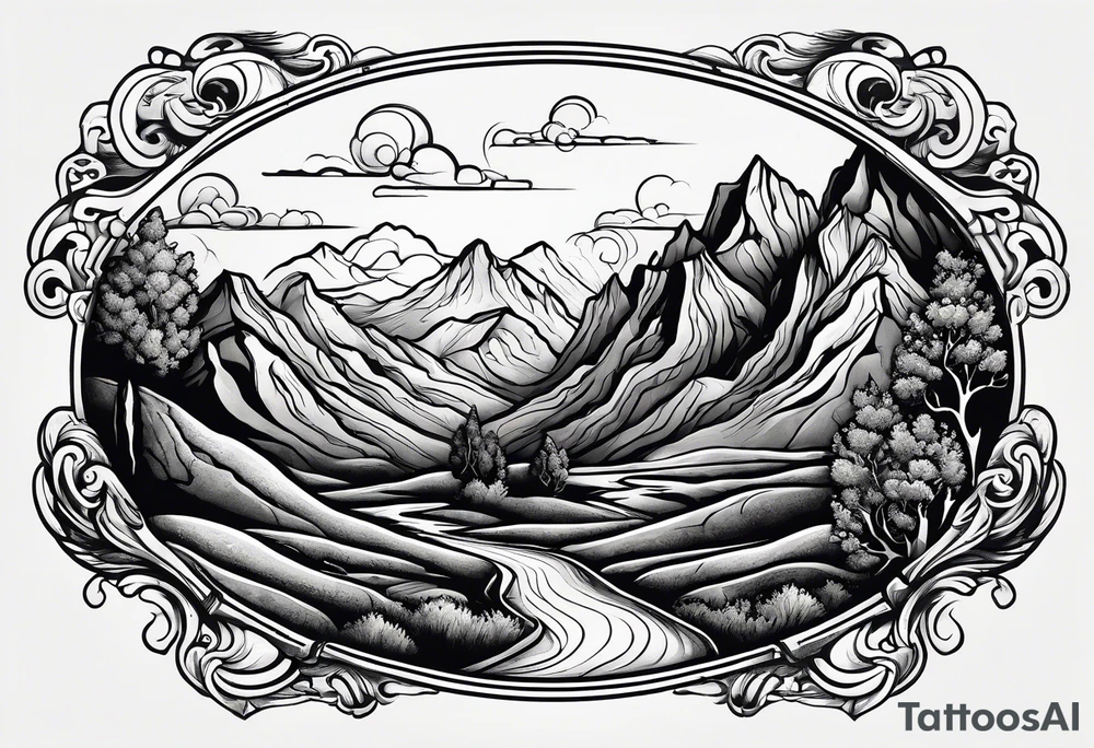 renaissance but western looking plateau and valley with great vastness tattoo idea