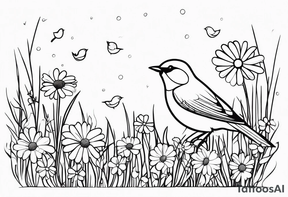 Little bird out perched on a field of grass and daisys tattoo idea