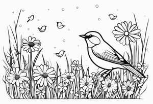 Little bird out perched on a field of grass and daisys tattoo idea