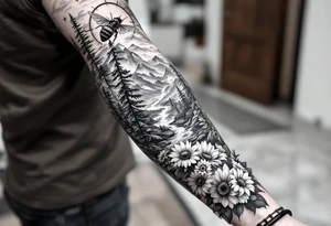 full arm black and white tattoo realistic nature landscape majestic river flowing down bright mountains trees, daisies, chrysanthemums a real bee on one flower a large compass on the forearm tattoo idea