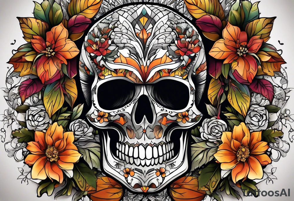Knee tattoo with fall colors, flowers, skulls and geometric shapes. tattoo idea