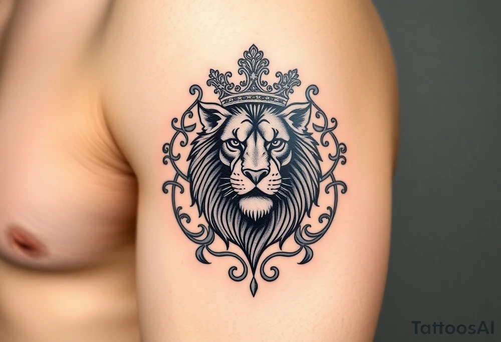 majestic lion wearing ornate crown, surrounded by baroque flourishes tattoo idea