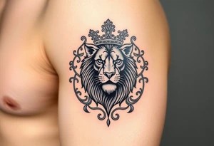 majestic lion wearing ornate crown, surrounded by baroque flourishes tattoo idea