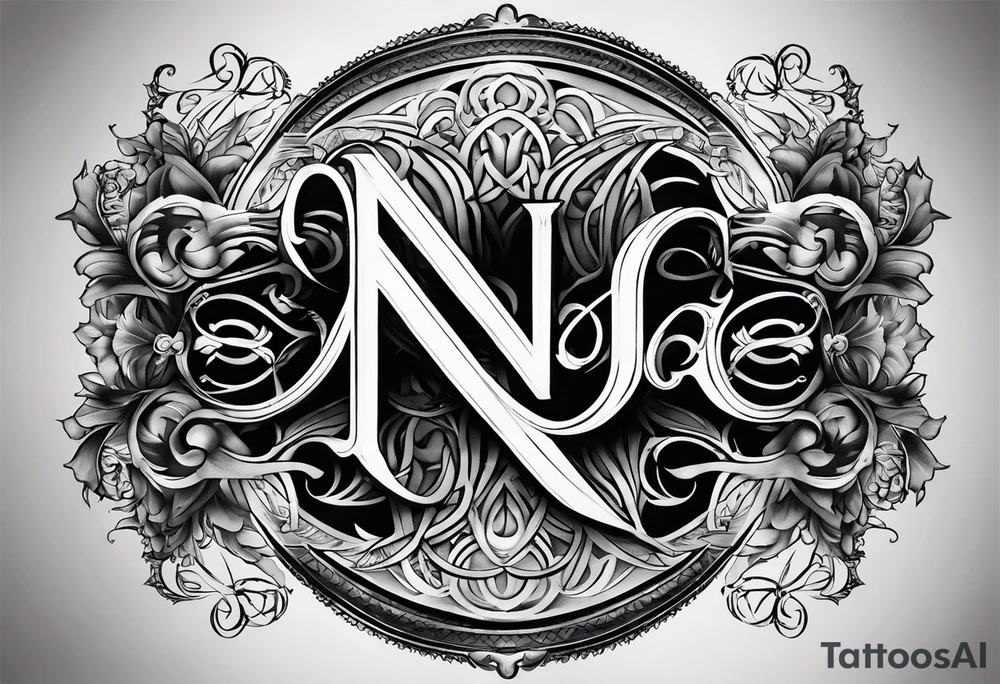 The initials N.A.J.E. in edwardian script surrounded by symmetrical smoke tattoo idea The initials N.A.J.E. in edwardian script surrounded by symmetrical smoke tattoo idea