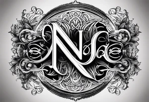 The initials N.A.J.E. in edwardian script surrounded by symmetrical smoke tattoo idea