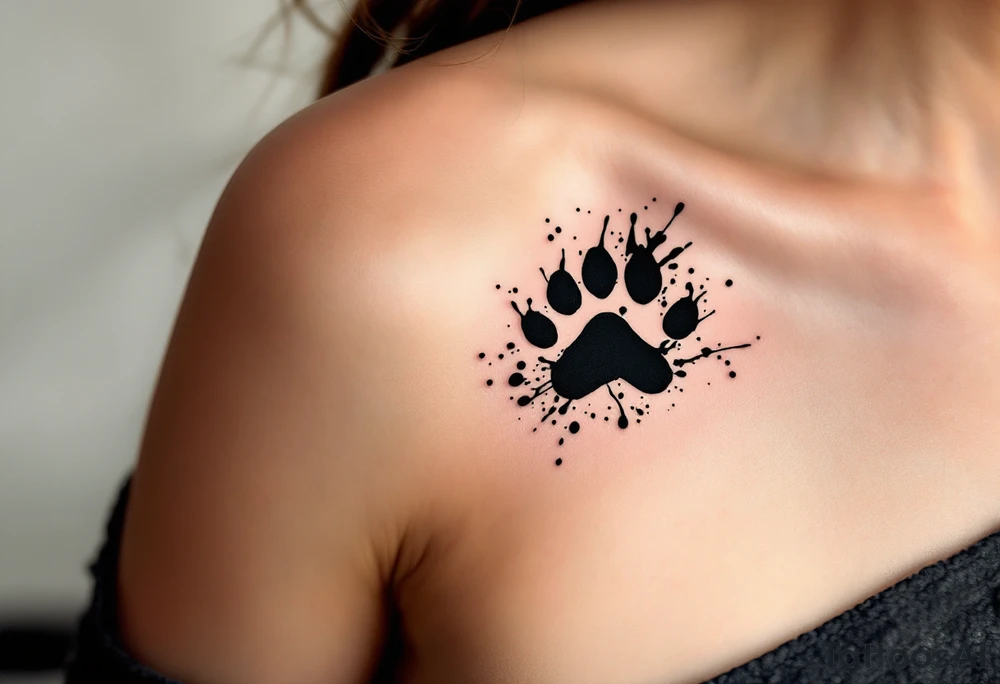 Inky Brushstroke Paw Prints – Artistic black ink splashes and rough brushstroke texture surrounding each paw, evoking movement and creative spirit. tattoo idea