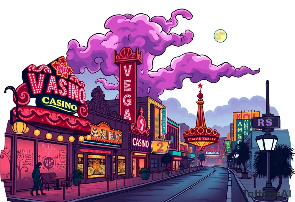 Tim Burton’s vegas casino on the strip from outside view is the street is littered with neon signs  and dripping with muted reds, dusty pinks, and eerie green glow purple and cyan smokey clouds swim through the moonlit night air as the stars twinkle tattoo idea tattoo idea