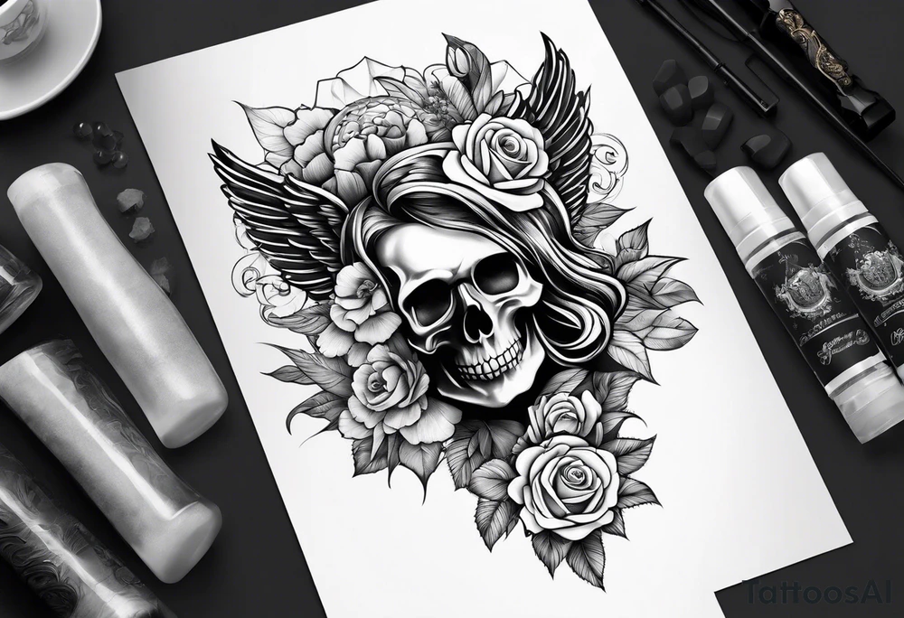 sleeve tattoo full guns and flowers and wings tattoo idea