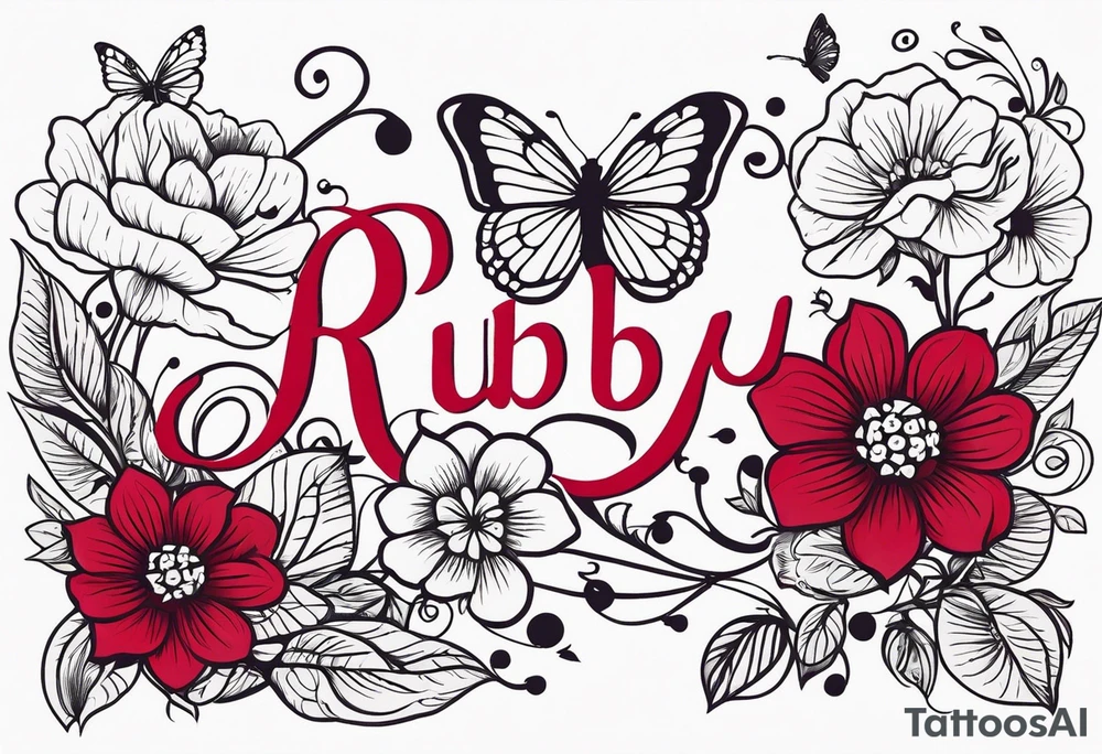 Flowers with "Ruby" and butterflies around it tattoo idea Flowers with "Ruby" and butterflies around it tattoo idea