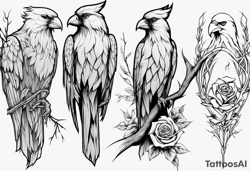 A full sleeve Willow tree with a cardinal holding a rose and a eagle tattoo idea